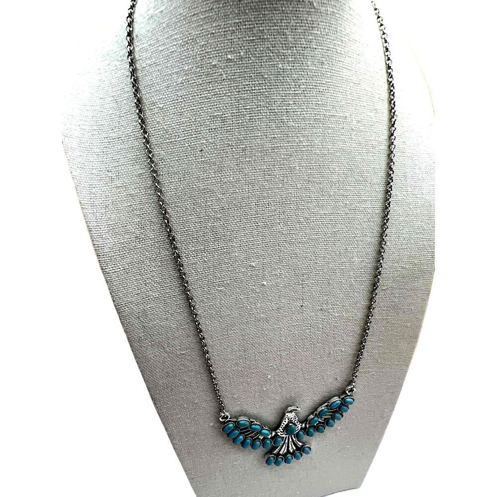 NEW Silver Faux Turquoise Phoenix Pendant Chain Necklace - Picture 6 of 11